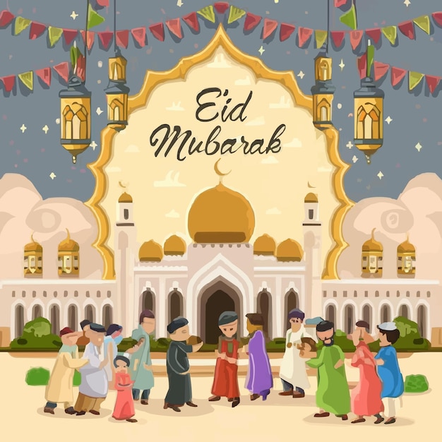 Vettore illustrazione realistica dell'eid al-fitr con lampada e luna