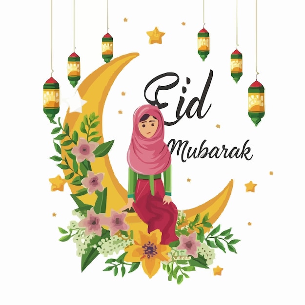 Vector realistic eid alfitr illustration with lamp and moon