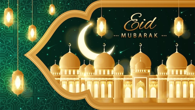 Realistic eid mubarak background banner with mosque and lantern