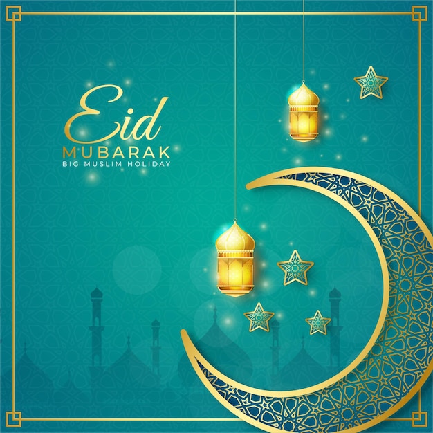 Vector realistic eid mubarak background with lantern and moon