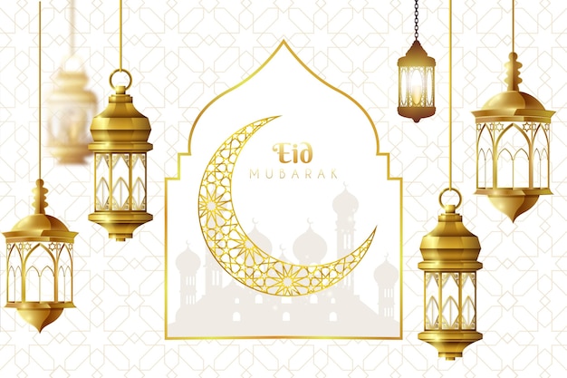 Vector realistic eid mubarak background with moon and lanterns
