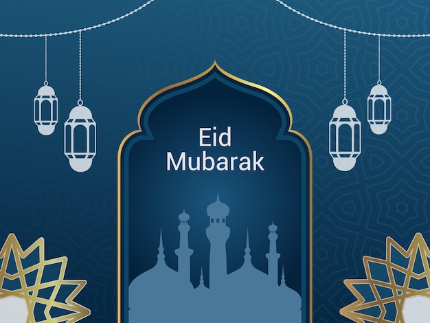 Realistic Eid Mubarak Beautiful background with lanterns and mosque