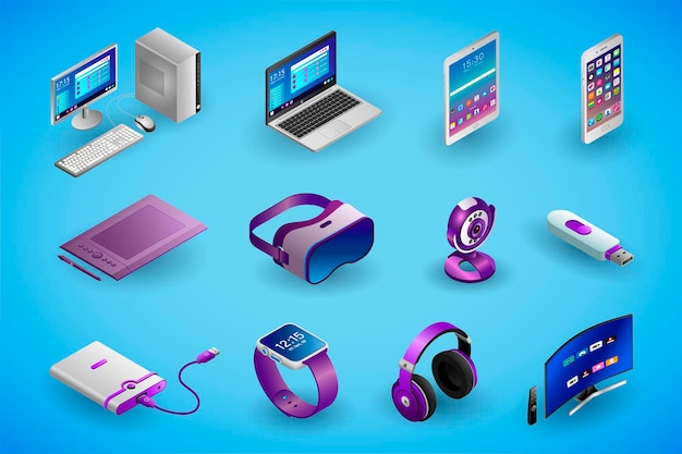 Realistic electronic devices and gadgets in isometry vector isometric illustration of devices