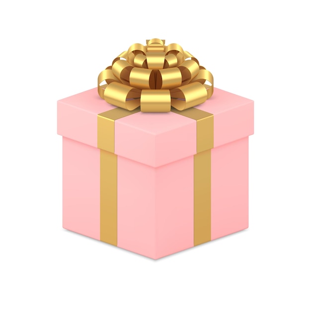 Realistic elegant feminine pink gift box with golden metallic bow 3d template vector illustration