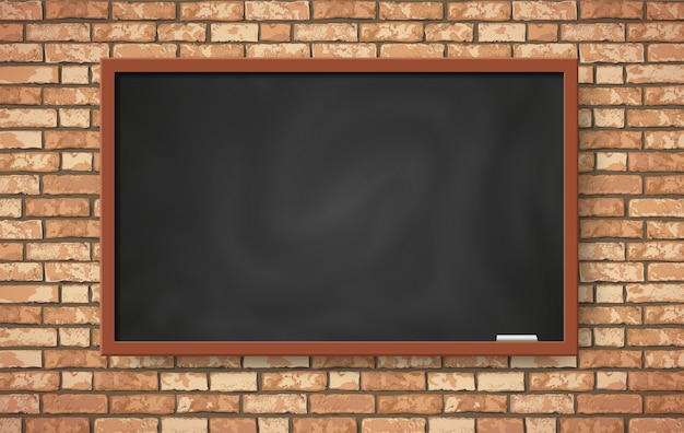갈색 벽돌 벽에 현실적인 빈 검은 칠판. 클래스 보드 풍경 인테리어가있는 플랫 트렌디 한 교실