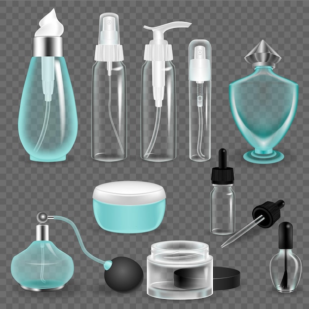 Realistic empty cosmetic bottle and transparent containers with cap set. cosmetics packaging mockup tube, spray, bottles with press pump. glass and plastic storage of beauty care supplies vector