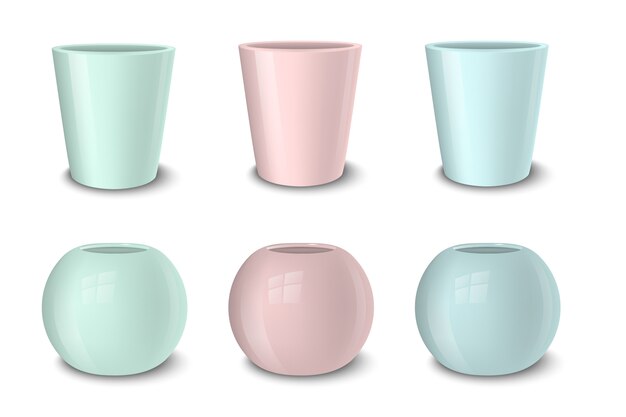 Realistic  empty flower pot set, pastel colors - pink, green and blue.