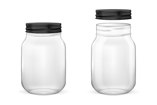 realistic empty glass jar for canning and preserving set with black lid  open and closed  closeup is