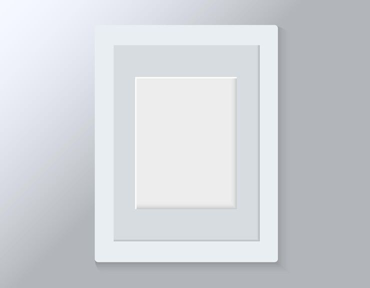 Vector realistic empty vertical picture frame isolated on grey background