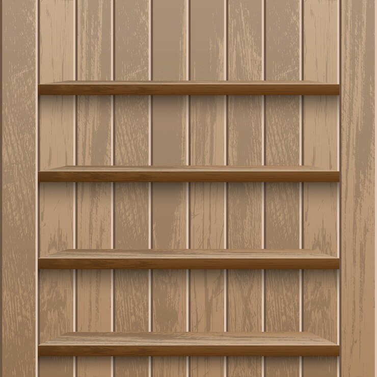 Vector realistic empty wooden shelf on wood wall metadata
