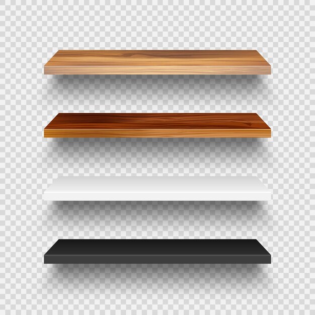Realistic empty wooden store shelves set product shelf with wood texture grocery wall rack vector