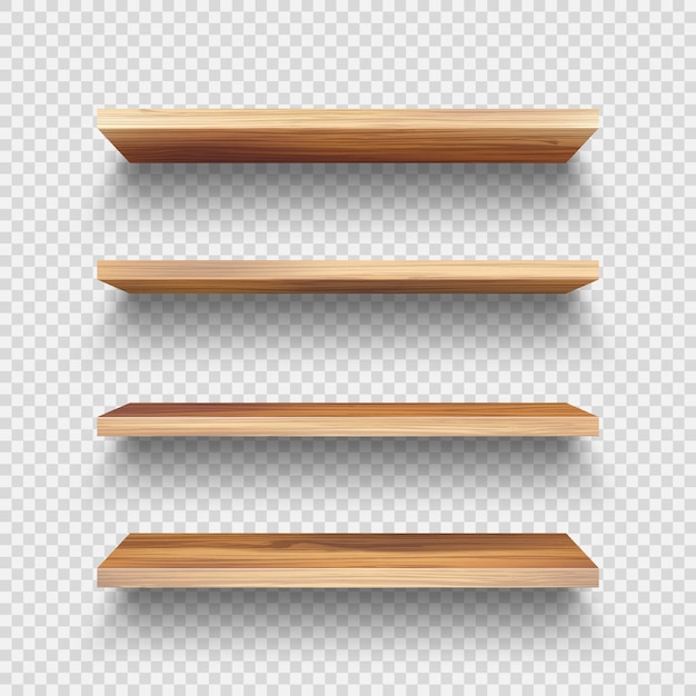 Vector realistic empty wooden store shelves set product shelf with wood texture grocery wall rack vector