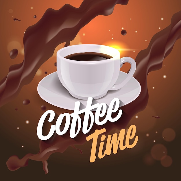 Caffè espresso realistico in tazza bianca bevanda americana calda lettering poster illustrazione vettoriale