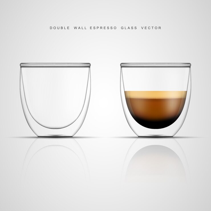 Realistic espresso glass cup and empty double wall glass 