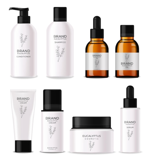 Set di cosmetici realistici all'eucalipto, cosmetici per bottiglie di lozione di bellezza, design all'eucalipto, trattamento