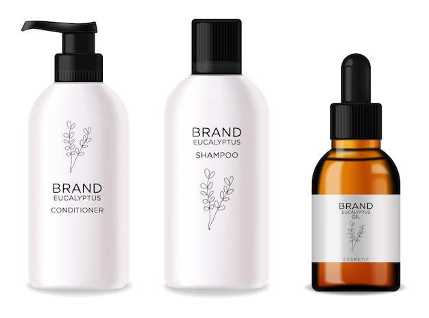 realistic eucalyptus cosmetics set, beauty lotion bottle cosmetics, eucayptus design, treatment