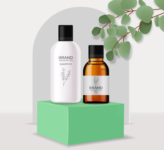 realistic eucalyptus cosmetics set, beauty lotion bottle cosmetics, eucayptus design, treatment