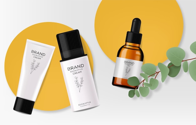 realistic eucalyptus cosmetics set, beauty lotion bottle cosmetics, eucayptus design, treatment