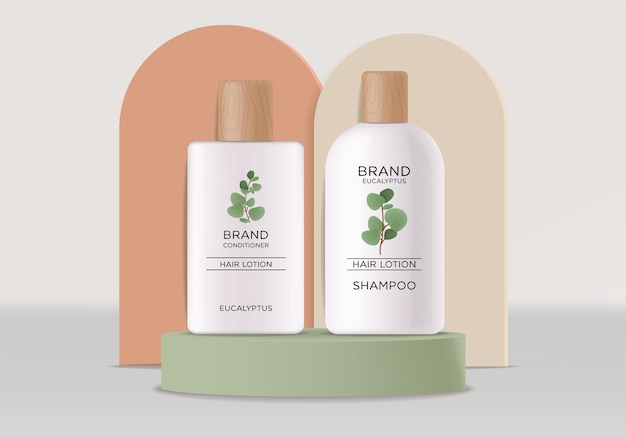 Realistic eucalyptus cosmetics set, beauty lotion bottle cosmetics, eucayptus design