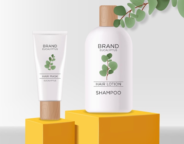 Realistic eucalyptus cosmetics set, beauty lotion bottle
cosmetics, eucayptus design