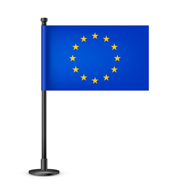 Vector realistic european table flag on a black steel pole souvenir from europe desk flag made of paper or