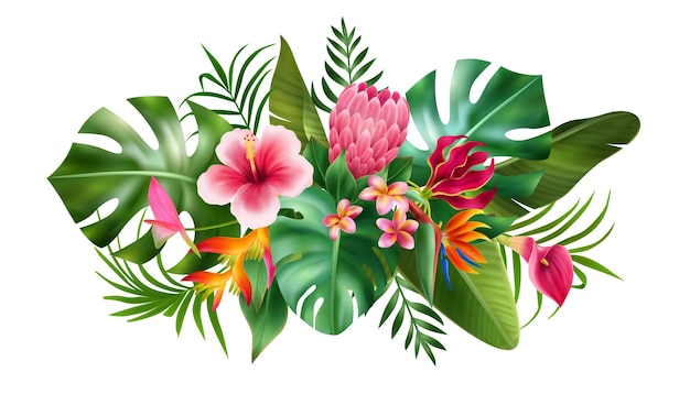 Vector realistic exotic flowers composition bouquet or composition of flowers and green leaves vector illustration