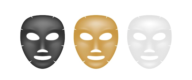 ベクトル リアルなフェイシャル シート マスク セット保湿化粧品美容とスキンケアの手順のためのフェイス マスク