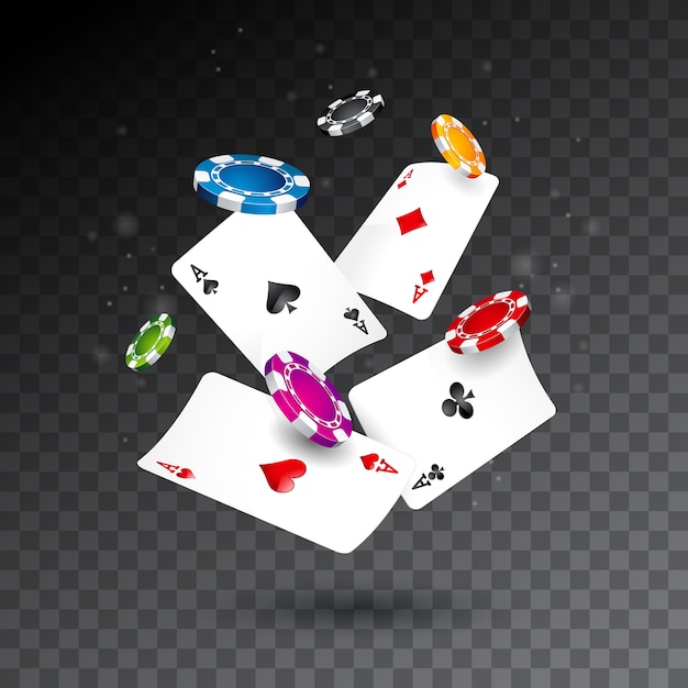 Vector realistic falling casino chips and poker cards illustration on transparent background.