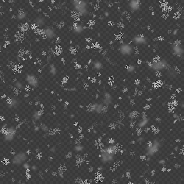Realistic falling Christmas decoration snowflakes effect isolated on transparent background. Falling snow pattern. Magic white snowfall.