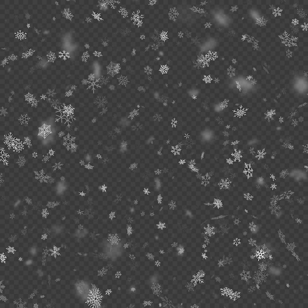 Realistic falling christmas decoration snowflakes effect  on transparent background. falling snow pattern. magic white snowfall.