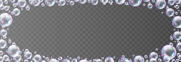 Realistic falling soap bubbles with rainbow reflection glare festive iridescent foam bubbles png