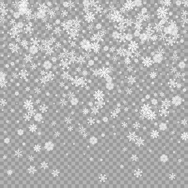 Vettore sovrapposizione realistica di neve bianca che cade su sfondo trasparente sfondo di nevicate