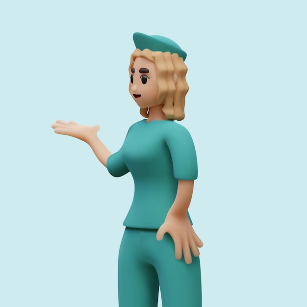 Infermiera femminile realistica che indica da un lato con la mano il personaggio del vettore sta dimostrando qualcosa