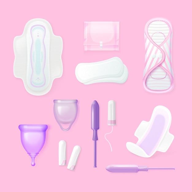 realistic feminine hygiene products women menstrual period 3d hygienic elements sanitary pads woman tampons panty paper napkins organic oil absorption exact vector illustration
