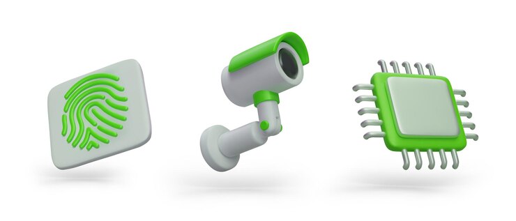 Vector realistic fingerprint surveillance camera microprocessor work of security service