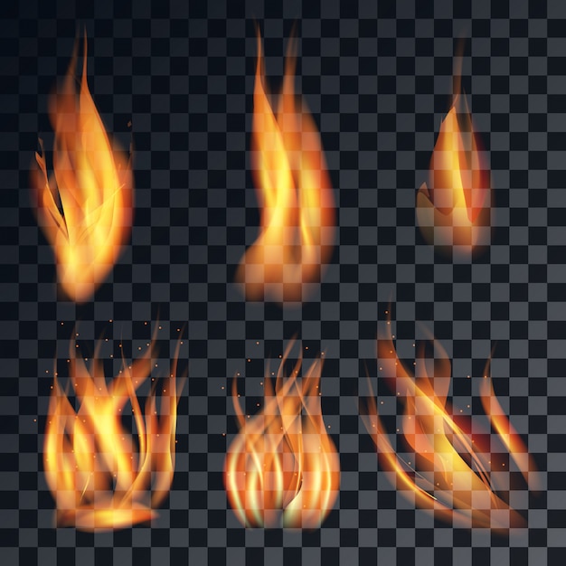 Realistic fire flame set with different shapes isolated and colored on black background.