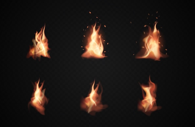 現実的な火の炎、透明な黒い背景の上の燃えるアイコン