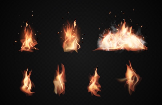 Realistic fire flames, Burning icons on transparent black background