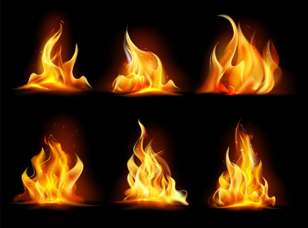 Realistic fire flames and effects set on transparent background