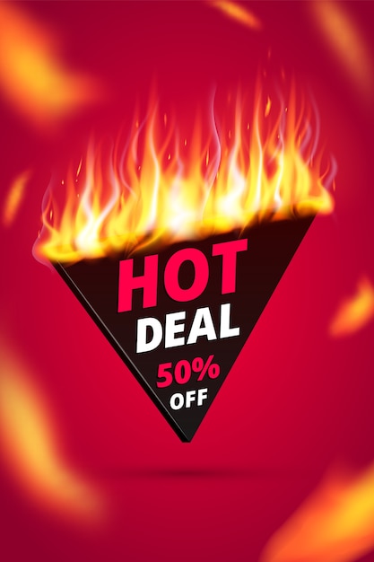 Vector realistic fire flames hot deal sale banner, price tag, offer. burning light effect