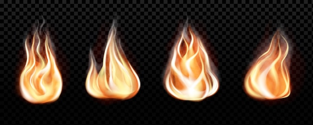 Vector realistic fire flames set on transparent black background