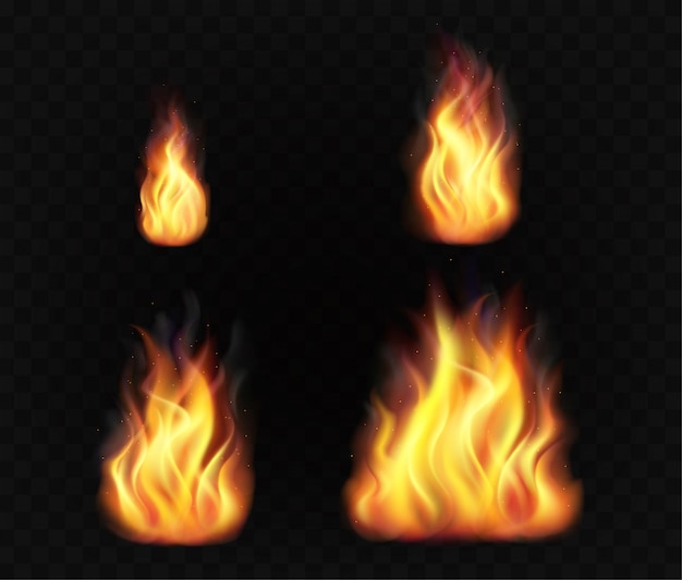 Realistic fire flames. set of transparent burning light effects.