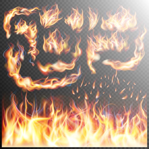 Vector realistic fire flames set.