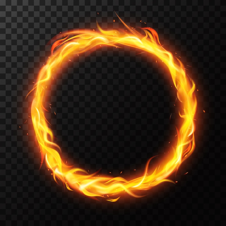 Vector realistic fire ring. burning flame circle hoop, red flaming round light, circus fiery circle ring frame   illustration. ring fire realistic, light circle glow