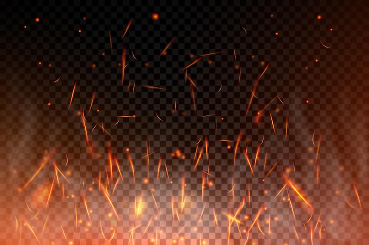 Vector realistic fire sparks background on a transparent background. burning hot sparks effect with embers burning cinder and smoke flying in the air. heat effect with glow and sparks from bonfire. vector