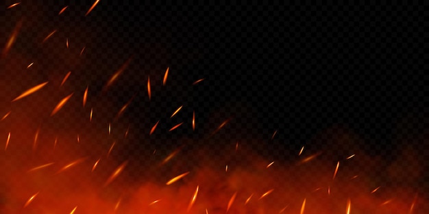Вектор Реалистичные искры огня на прозрачном фоне векторная иллюстрация горящих частиц и дыма