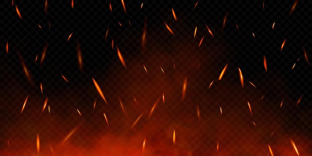 Realistic fire sparks on transparent background Vector illustration of burning particles and smoke
