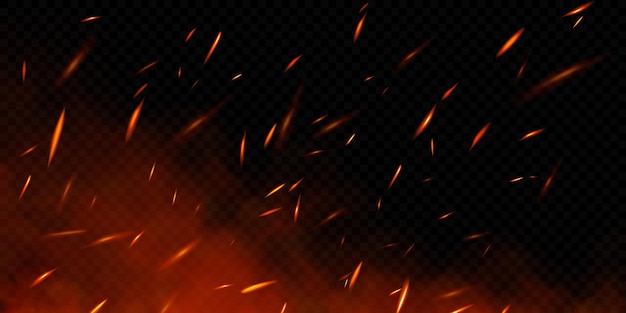 Realistic fire sparks on transparent background vector illustration of burning particles and smoke