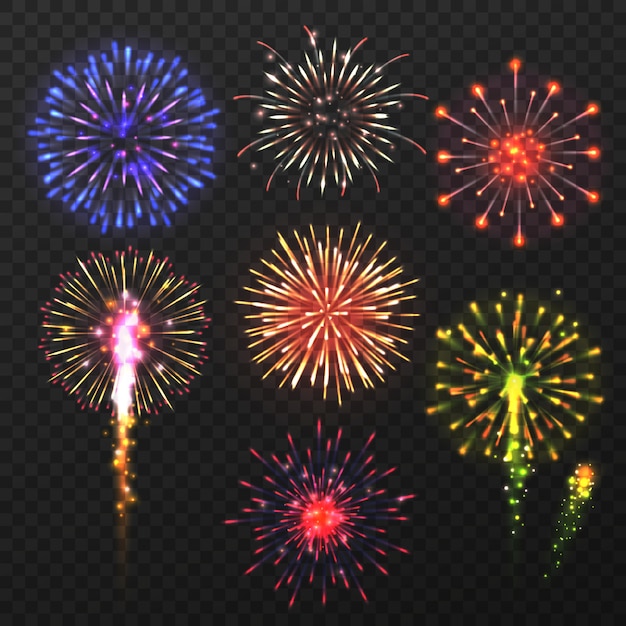 Vettore fuochi d'artificio realistici. esplosione di fuochi d'artificio multicolore di carnevale, elementi pirotecnici di celebrazione del giorno di natale
