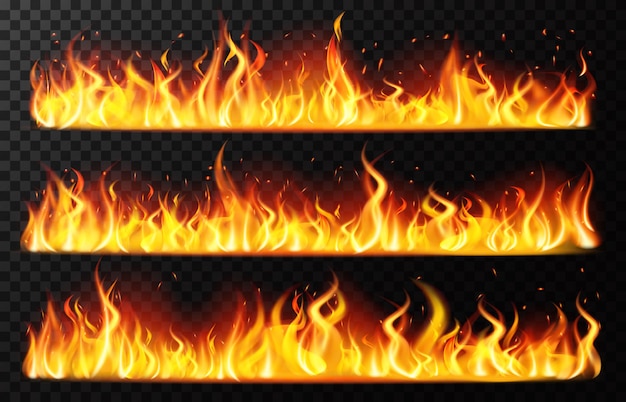 Vector realistic flame borders. burning horizontal fire flame, red burning blaze border, fiery burning line   illustration set. realistic fire light, bonfire flame inferno